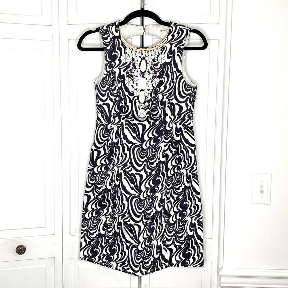 Nanette Lenore Navy White Pattern Key Hole Dress
